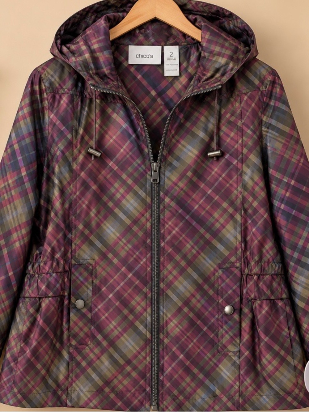 Chico’s Plaid Hooded Lightweight Jacket Burgundy Olive Size 2